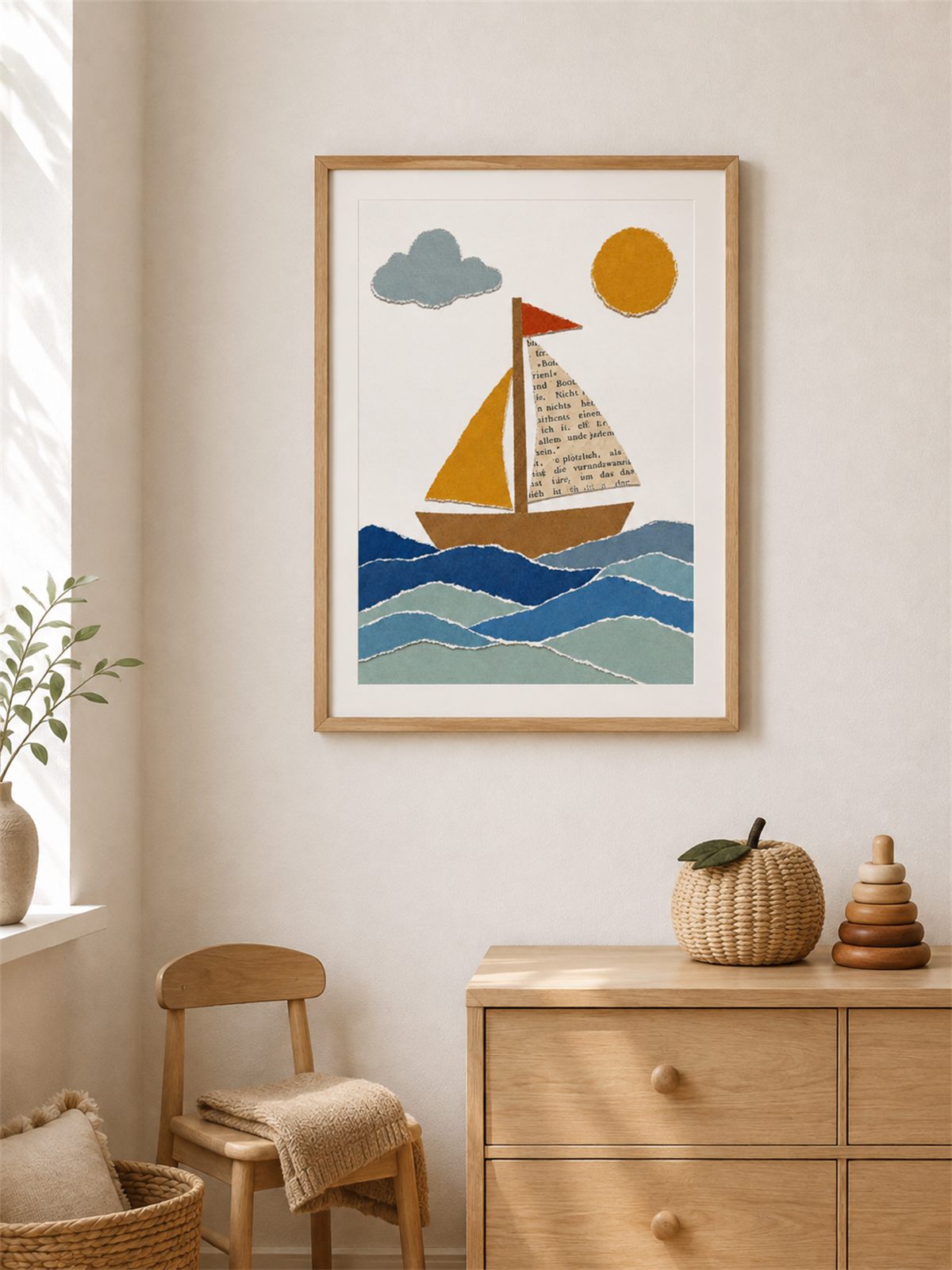 Papier-Collage-Poster: Segelboot gerahmt im Kinderzimmer