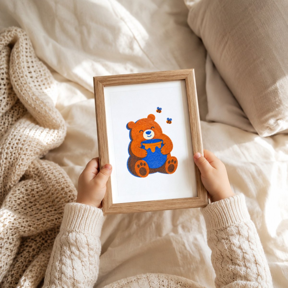 Bär mit Honigtopf Riso-Druck Poster – Mockup: Poster im Babyzimmer am Bett
