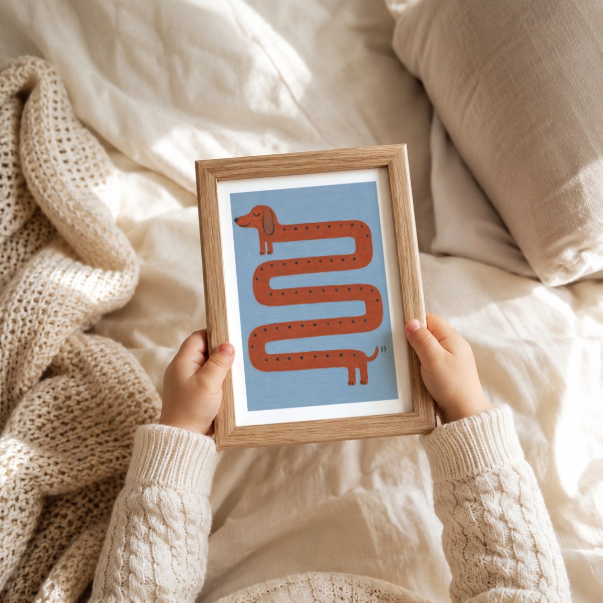 Brauner Dackel Kringeltier Poster – Mockup: Poster im Babyzimmer am Bett