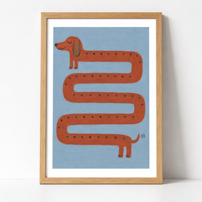 Brauner Dackel Kringeltier Poster – Mockup: Poster gerahmt an der Wand