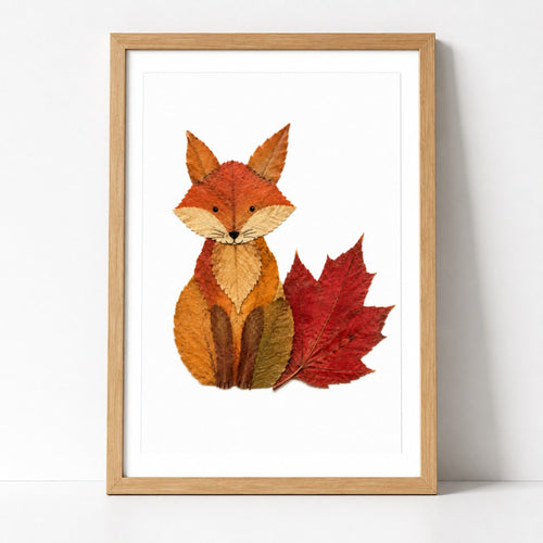 Fuchs aus Herbstblättern Botanisches Poster – Mockup: Poster gerahmt an der Wand