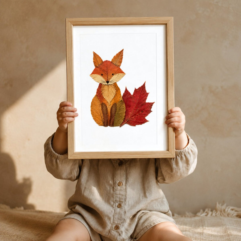 Fuchs aus Herbstblättern Botanisches Poster – Mockup: Kind hält das Poster im Kinderzimmer