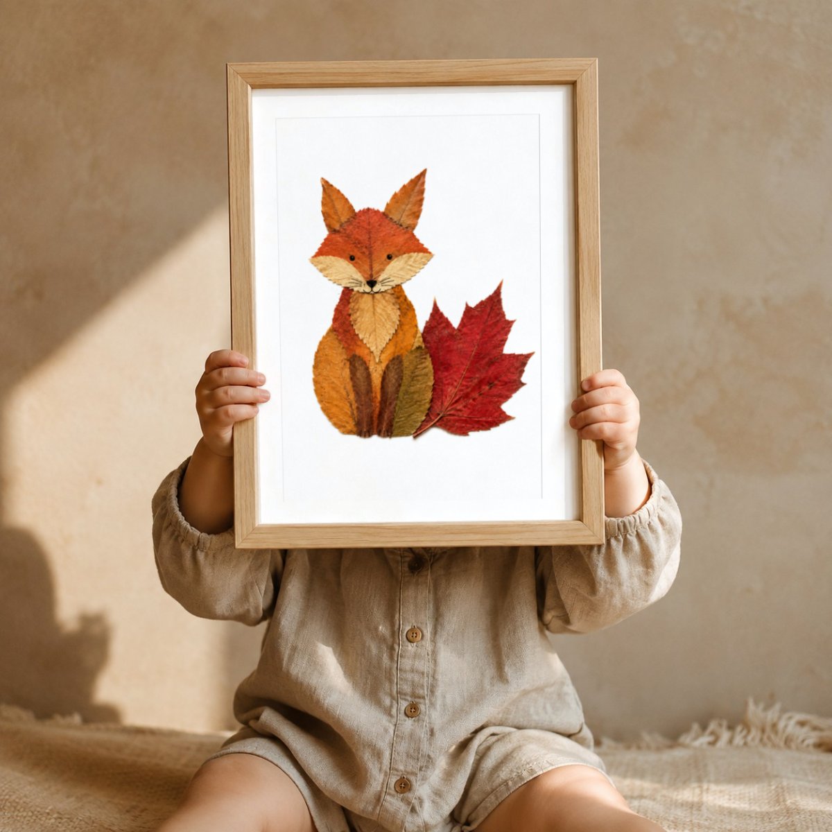 Fuchs aus Herbstblättern Botanisches Poster – Mockup: Kind hält das Poster im Kinderzimmer