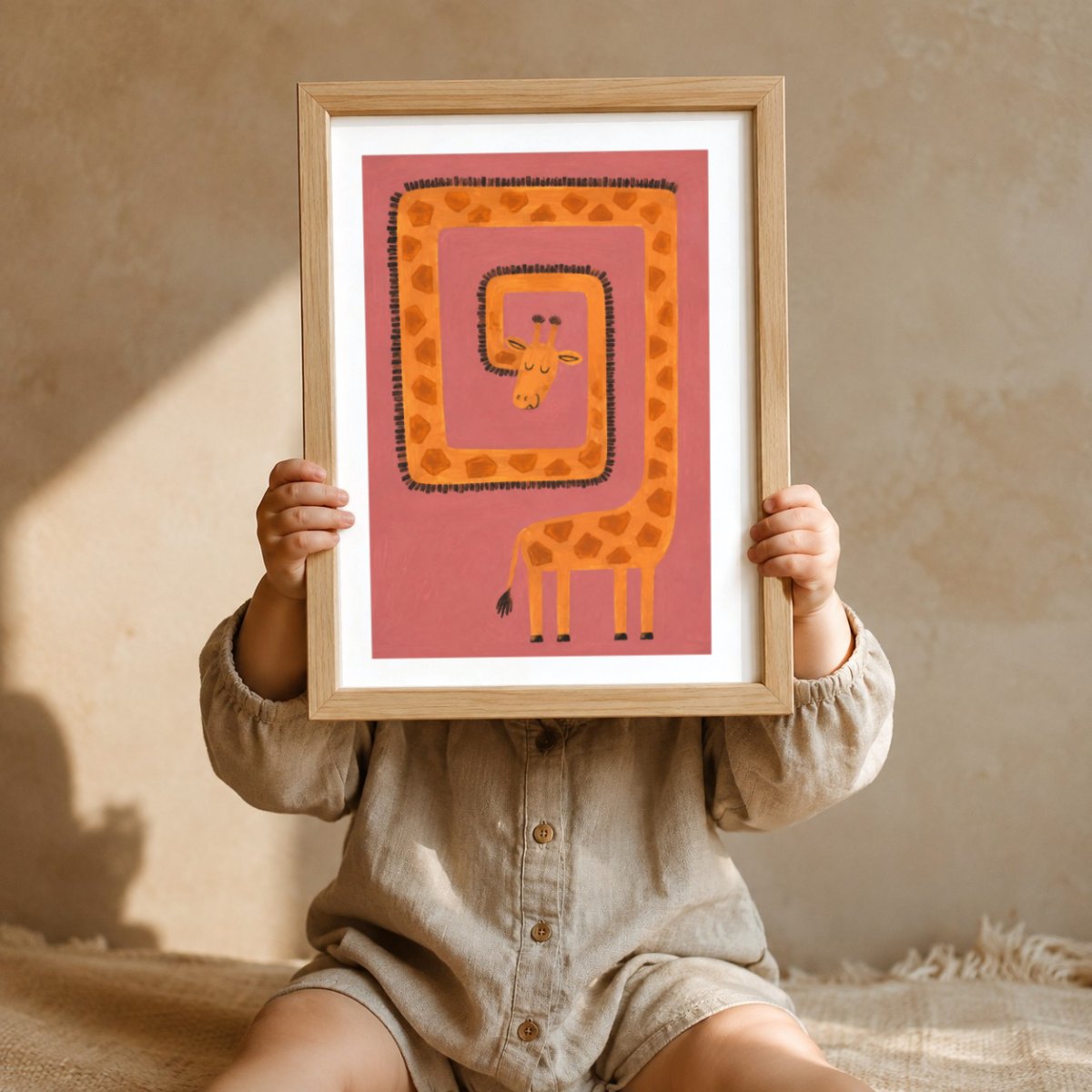Giraffe Kringeltier Poster – Mockup: Kind hält das Poster im Kinderzimmer