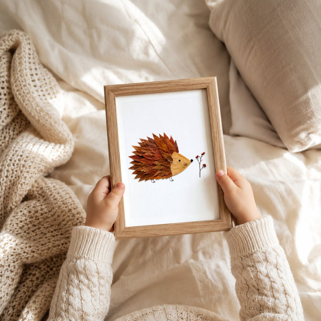 Igel aus Herbstblättern Botanisches Poster – Mockup: Poster im Babyzimmer am Bett