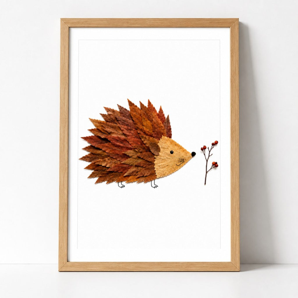 Igel aus Herbstblättern Botanisches Poster – Mockup: Poster gerahmt an der Wand