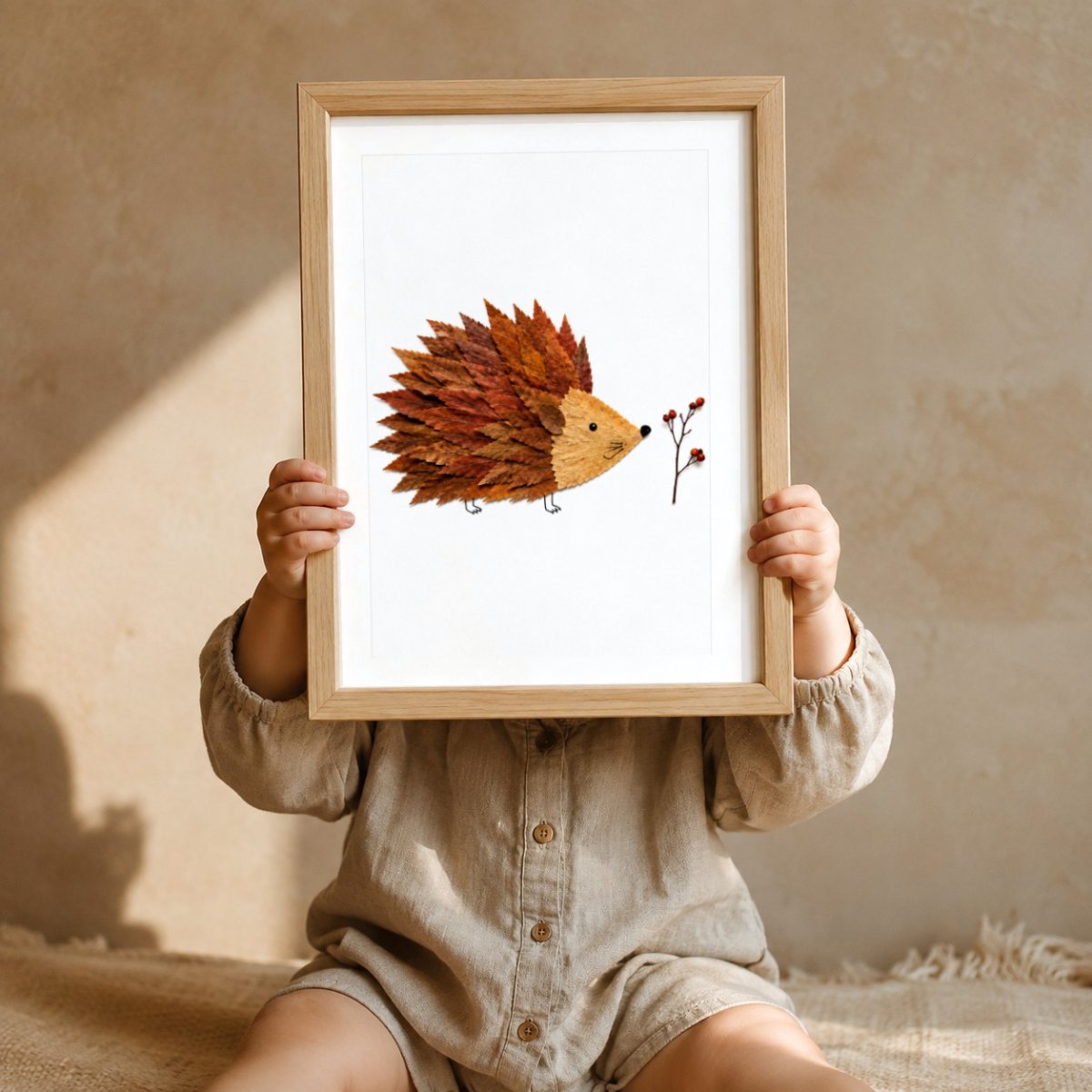 Igel aus Herbstblättern Botanisches Poster – Mockup: Kind hält das Poster im Kinderzimmer