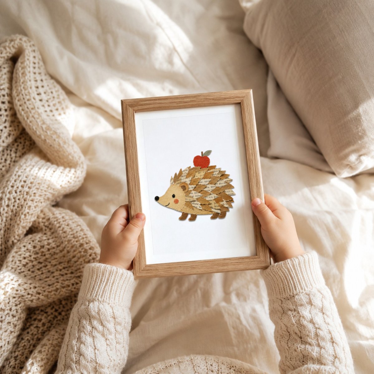 Igel mit Apfel Papier-Collage Poster – Mockup: Poster im Babyzimmer am Bett