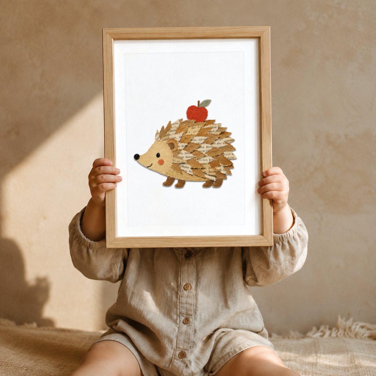 Igel mit Apfel Papier-Collage Poster – Mockup: Kind hält das Poster im Kinderzimmer