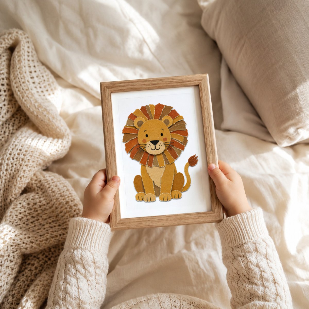 Löwe Papier-Collage Poster – Mockup: Poster im Babyzimmer am Bett