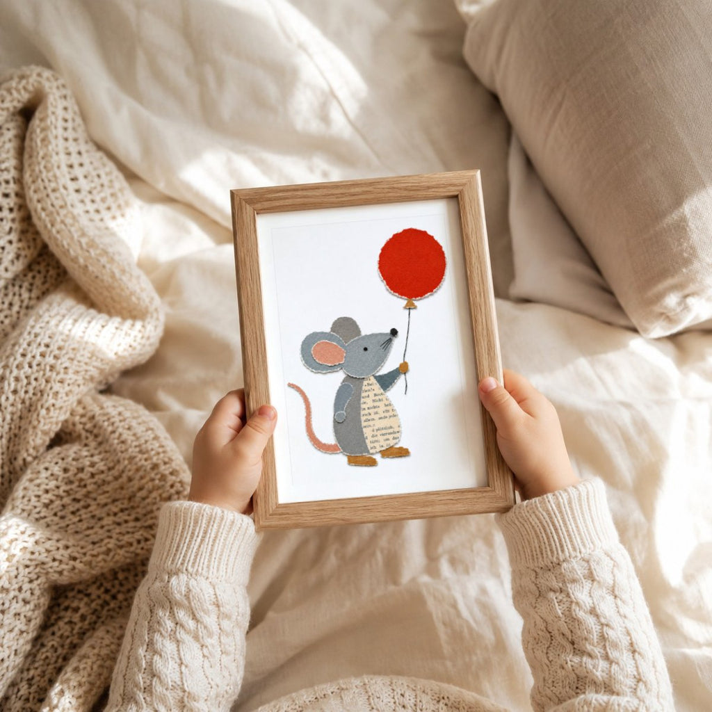 Maus mit Luftballon Papier-Collage Poster – Mockup: Poster im Babyzimmer am Bett