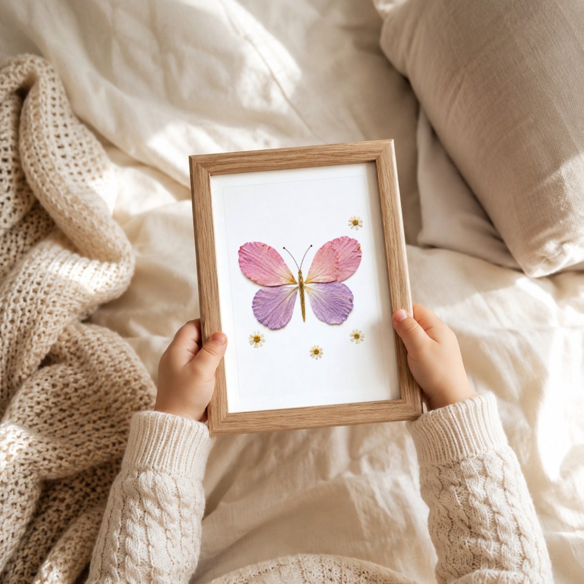 Schmetterling aus Blüten Botanisches Poster – Mockup: Poster im Babyzimmer am Bett