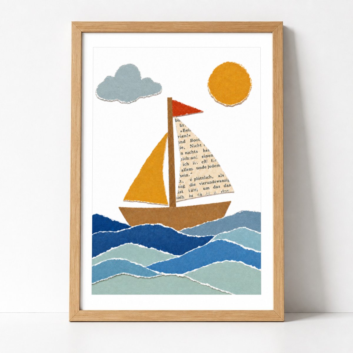Segelboot Papier-Collage Poster – Mockup: Poster gerahmt an der Wand