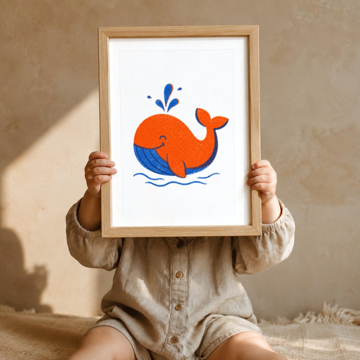 Wal Riso-Druck Poster – Mockup: Kind hält das Poster im Kinderzimmer